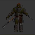 Orc Warrior 3D Model With Red Headscarf Armor And Weapons