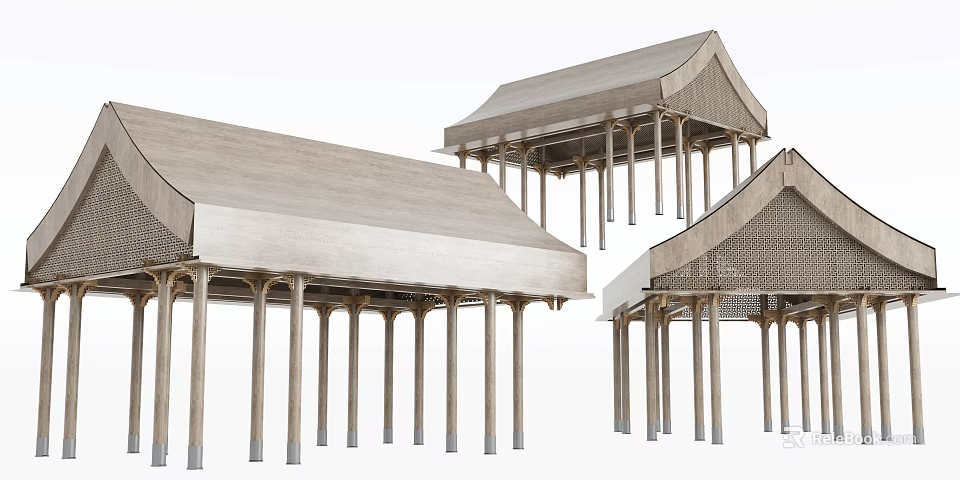 Wooden Architectural Components Featuring Traditional Roof Structures And Column Designs 3d model 