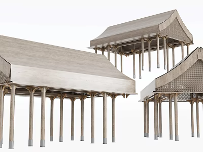 Wooden Architectural Components Featuring Traditional Roof Structures And Column Designs 3d model