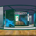 Modern Exhibition Booth Design With Glass Walls Blue Patterns And Wooden Flooring