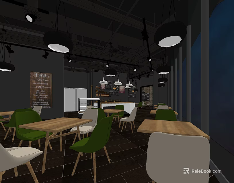 Modern Coffee Shop Interior With Wooden Tables Green White Chairs Hanging Lamps And Blackboard Menu 3d model 