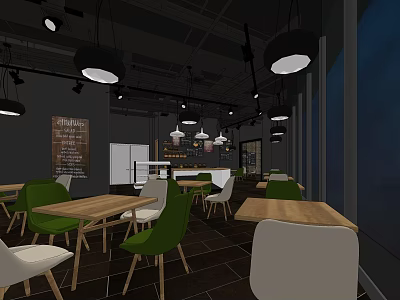 Modern Coffee Shop Interior With Wooden Tables Green White Chairs Hanging Lamps And Blackboard Menu 3d model