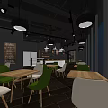 Modern Coffee Shop Interior With Wooden Tables Green White Chairs Hanging Lamps And Blackboard Menu