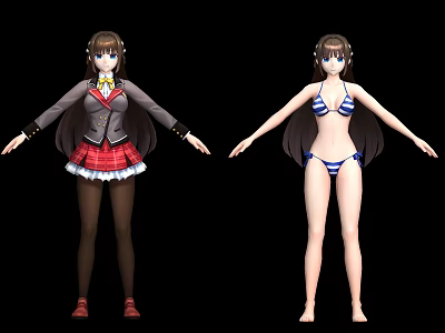Anime Style Game Movie Character 3D Model in School Uniform and Bikini 3d model