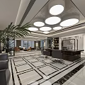 Elegant Office Interior Design With Round Ceiling Lights Wooden Desk Leather Sofa And Geometric Floor