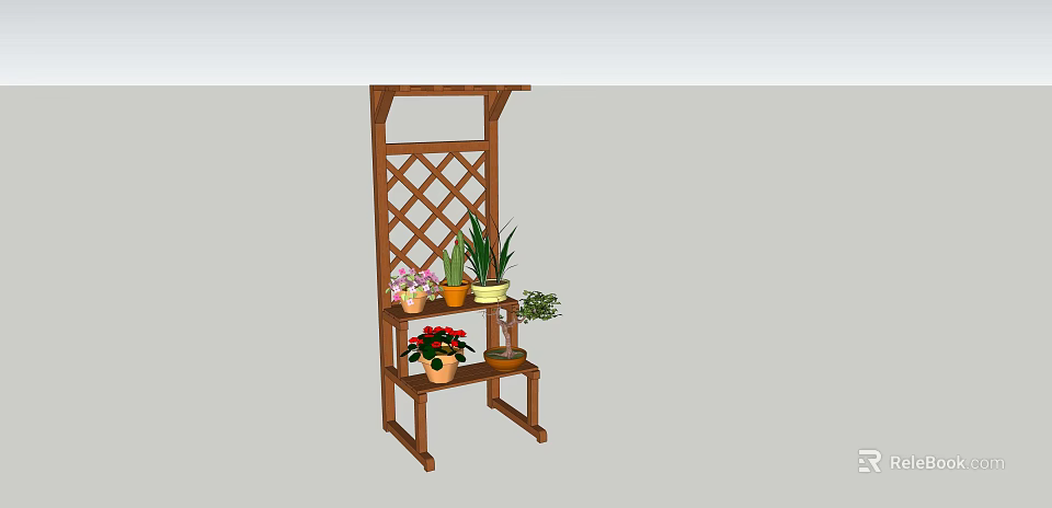 Wooden Garden Trellis Plant Stand With Multi Tiered Shelves And Potted Flowers 3d model 