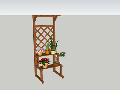 Wooden Garden Trellis Plant Stand With Multi Tiered Shelves And Potted Flowers 3d model