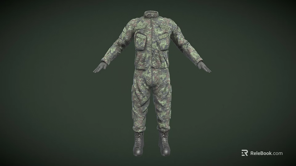Green Camouflage Military Uniform Full Body Design With Pockets And Boots 3d model