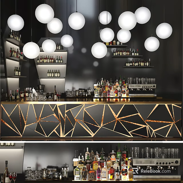 Modern Bar Interior with Gold Geometric Counter White Globe Pendants Wine Shelves and Glasses 3d model 