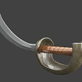 Saber Weapon With Curved Silver Blade Brown Textured Handle And Metal Hilt