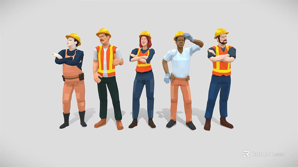 Group of Construction Workers Wearing Yellow Hard Hats And Work Uniforms Standing in a Line 3d model 