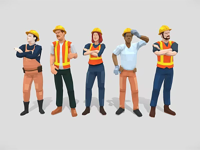 Group of Construction Workers Wearing Yellow Hard Hats And Work Uniforms Standing in a Line 3d model