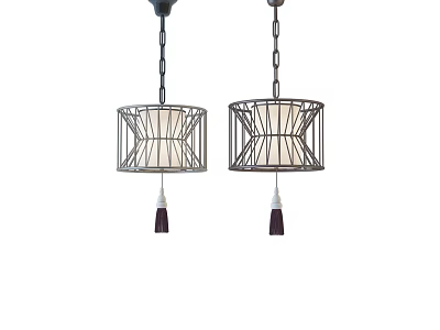 Two Hanging Geometric Metal Frame Chandeliers With White Lampshades And Purple Tassels 3d model