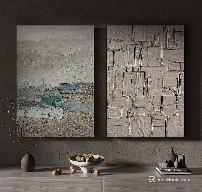 Abstract Textured Paintings On Wall With Vase Bowl And Decorative Objects 3d model