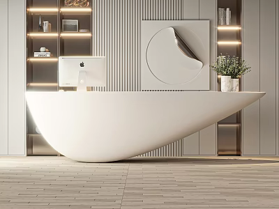 Modern Reception Area With White Curved Desk Lit Shelves Circular Art And Potted Plant 3d model