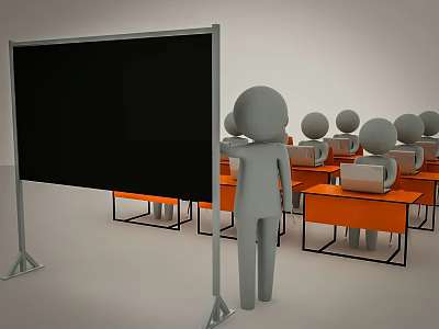 Durable Swing Door in Classroom Setting with Blackboard Teacher and Orange Desks 3d model