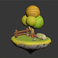 Cartoon Scene Of Floating Island With Colorful Tree Grass Wooden Fence Flowers And Stone