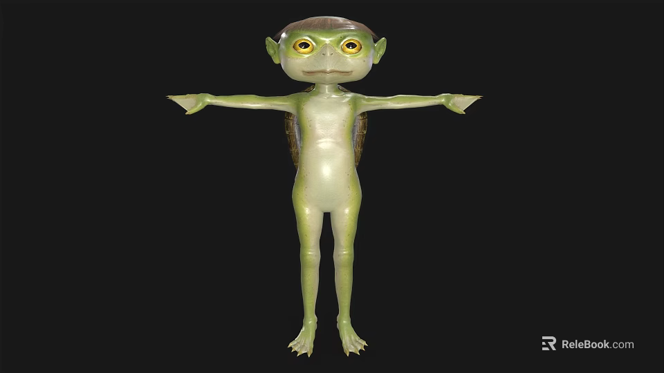 Game Movie Character With Green Skin Large Eyes Standing Arms Outstretched 3d model 