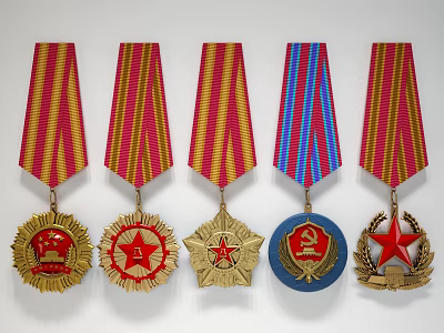 Vintage Military Medals with Colorful Striped Ribbons Star and Emblem Designs Displayed on White Background 3d model