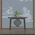 Traditional Console Table With Bonsai Plant On Mountain Pattern Wall And Wooden Lattice