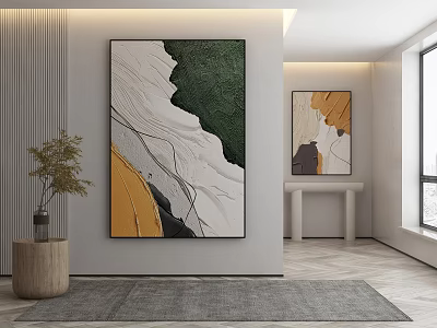 Modern Interior Featuring Large Abstract Painting With Green Yellow White Textures And Wall Decor 3d model