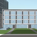 Modern Glass Facade Office Building With Green Lawn Trees And Outdoor Space