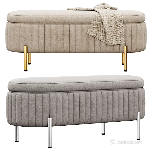 Beige Gray Sofa Bench with Vertical Ribbed Design Golden Silver Metal Legs and Soft Blanket 3d model 