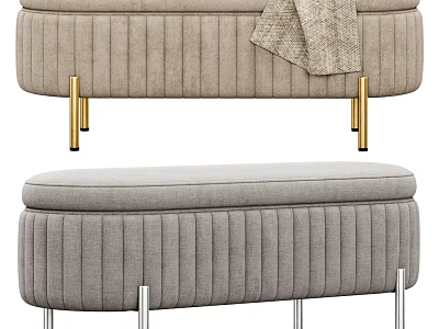Beige Gray Sofa Bench with Vertical Ribbed Design Golden Silver Metal Legs and Soft Blanket 3d model