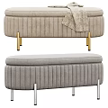 Beige Gray Sofa Bench with Vertical Ribbed Design Golden Silver Metal Legs and Soft Blanket