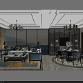 Modern Dining and Living Room Interior With White Cabinets Marble Countertop and Decorative Painting