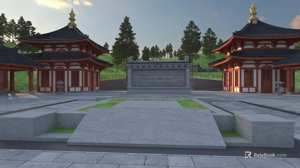 Traditional Ancient Architecture with Red Walls Golden Roofs Stone Stele and Green Trees in Courtyard 3d model 