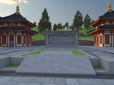 Traditional Ancient Architecture with Red Walls Golden Roofs Stone Stele and Green Trees in Courtyard 3d model