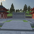 Traditional Ancient Architecture with Red Walls Golden Roofs Stone Stele and Green Trees in Courtyard