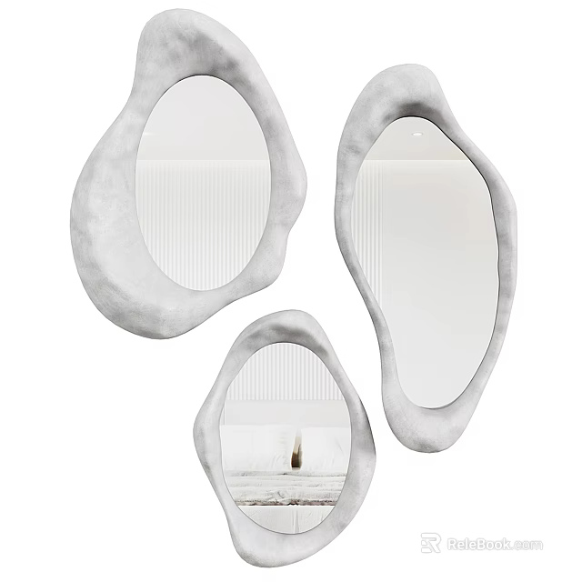 Three Unique Gray Organic Shaped Decorative Mirrors Reflecting Interior Design 3d model 
