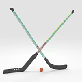 Sports Equipment Crossed Hockey Sticks With Blue Green Stripes Black Blades And Orange Ball