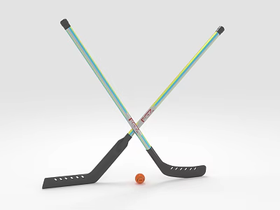Sports Equipment Crossed Hockey Sticks With Blue Green Stripes Black Blades And Orange Ball 3d model