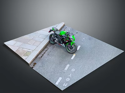 Green Motorcycle Parked On Road With Stone Pavement Scenic Setup 3d model
