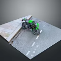 Green Motorcycle Parked On Road With Stone Pavement Scenic Setup