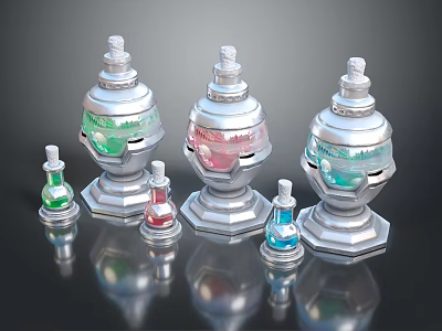 Decorative Glass Bottles In Various Sizes With Silver Bases And Colored Liquids 3d model
