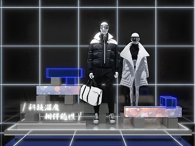 Stylish Tech Inspired Window Display Design With Fashion Mannequins And Geometric Props 3d model