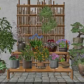 Garden Ornaments With Bamboo Rack Various Potted Plants And Colorful Flowers On Stone Brick Floor