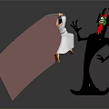 Sword Wielding Character Jumping Near Black Creature With Green Face And Red Comb
