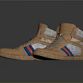 Brown High Top Shoes With Red And Blue Stripes Gray Laces And Textured Soles