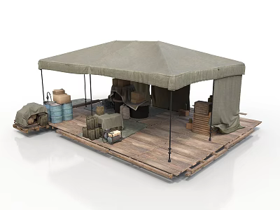 Modern Outdoor Wooden Platform With Canopy Storage Items Barrels Boxes And Ladder 3d model