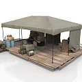 Modern Outdoor Wooden Platform With Canopy Storage Items Barrels Boxes And Ladder