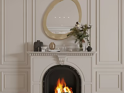White Decorative Fireplace With Mantel Round Gold Mirror Vase Flowers And Burning Fire 3d model