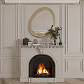 White Decorative Fireplace With Mantel Round Gold Mirror Vase Flowers And Burning Fire