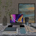 Modern Laptop With Colorful Screen Coffee Cup Notebook Phone And Plant