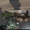 Hotel Public Lounge Area with Wooden Slat Ceiling Water Feature Lily Pads and Sculptural Seats