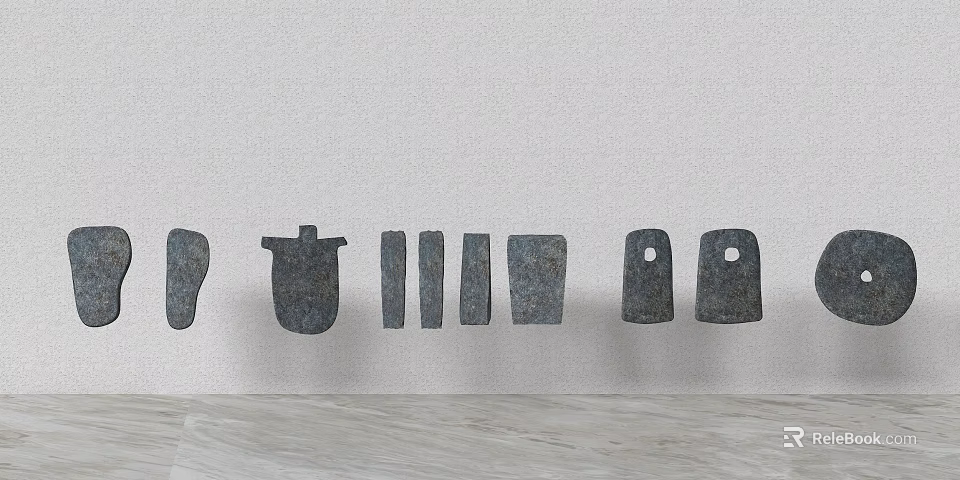 Stone Wood Wall Decorations With Various Shapes Hanging On White Wall 3d model 